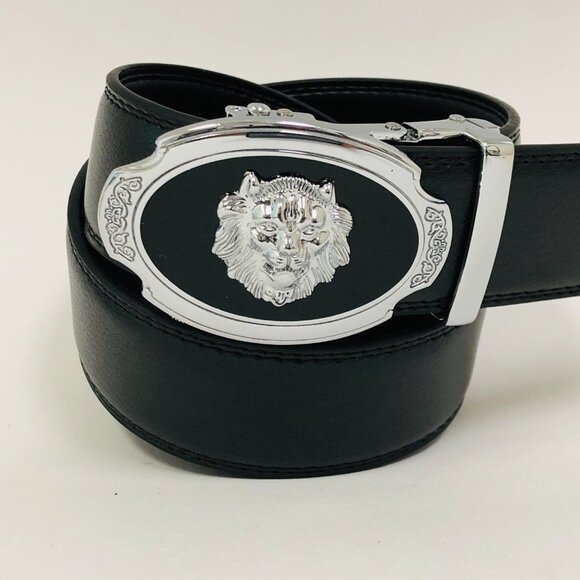 Black Leather Belt Automatic Silver Lion Head Buckle Slide‎ Belts No Hole Strep - Picture 1 of 3